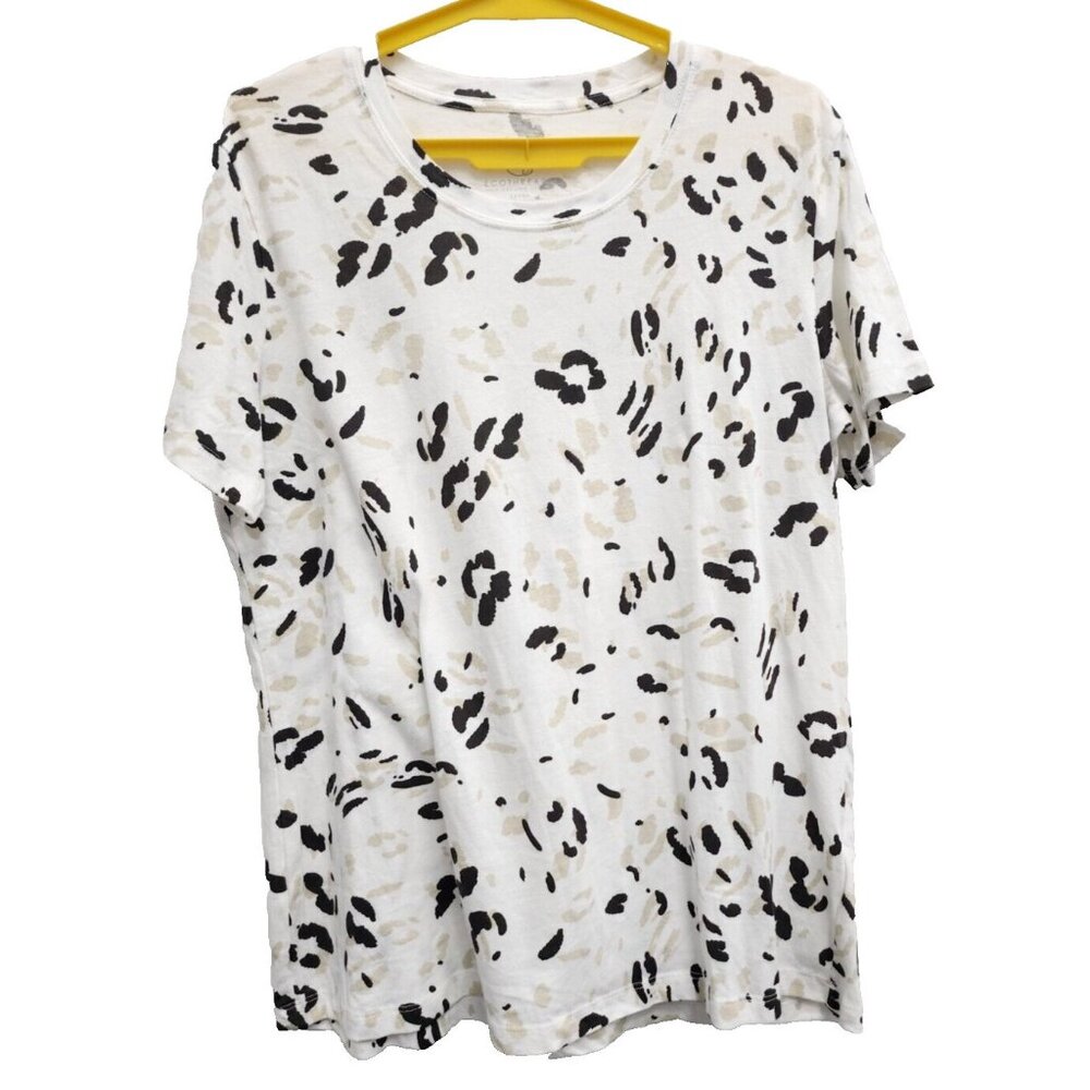 Eco Threads Womens Top Large White Animal Print Organic Cotton Short Sleeve Tee